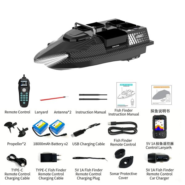 V803Pro GPS Remote Control Fishing Bait Boat with Fish Finder, 4 Hoppers, Built-in Sonar, 200 Fishing Spots