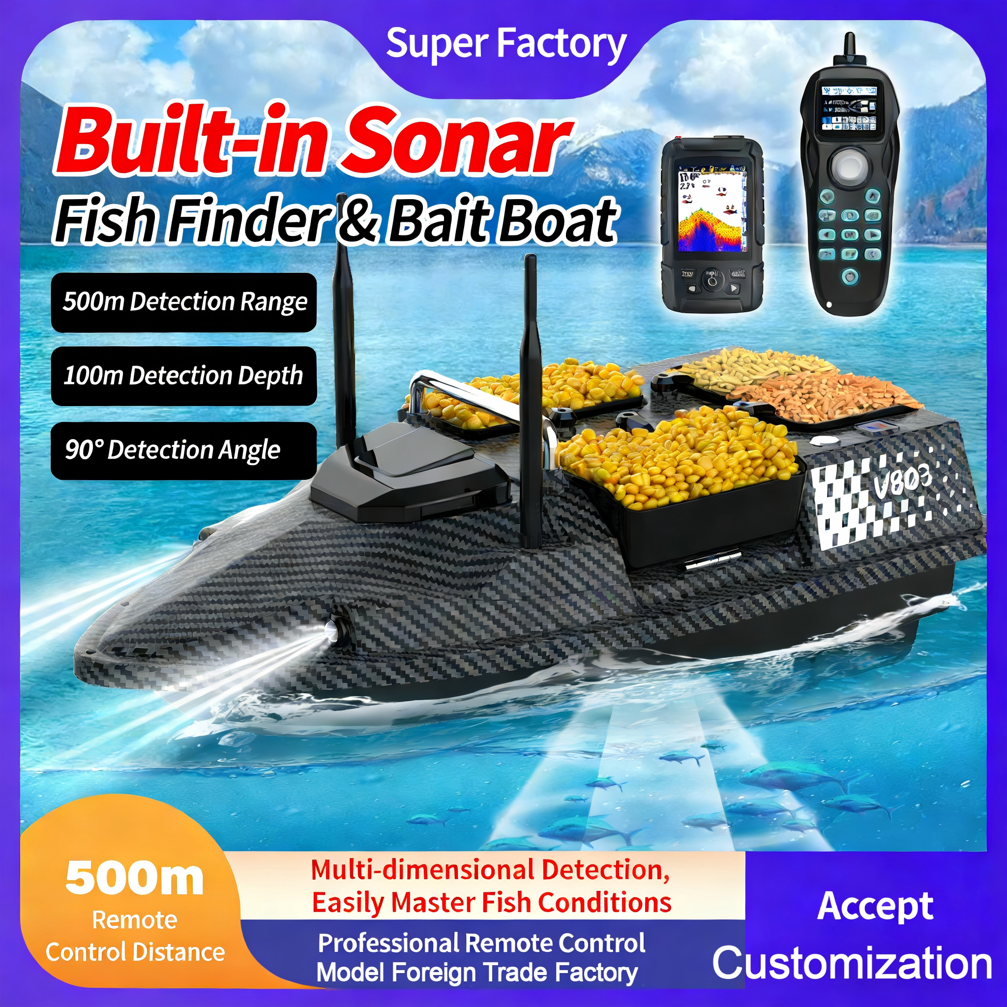 V803Pro GPS Remote Control Fishing Bait Boat with Fish Finder, 4 Hoppers, Built-in Sonar, 200 Fishing Spots - 图片 1