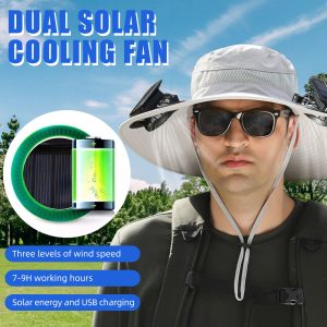 USB Solar Fan Hat for Men Summer Outdoor UV Protection Wide Brim Fishing Bucket Hat Sun Visor Cap