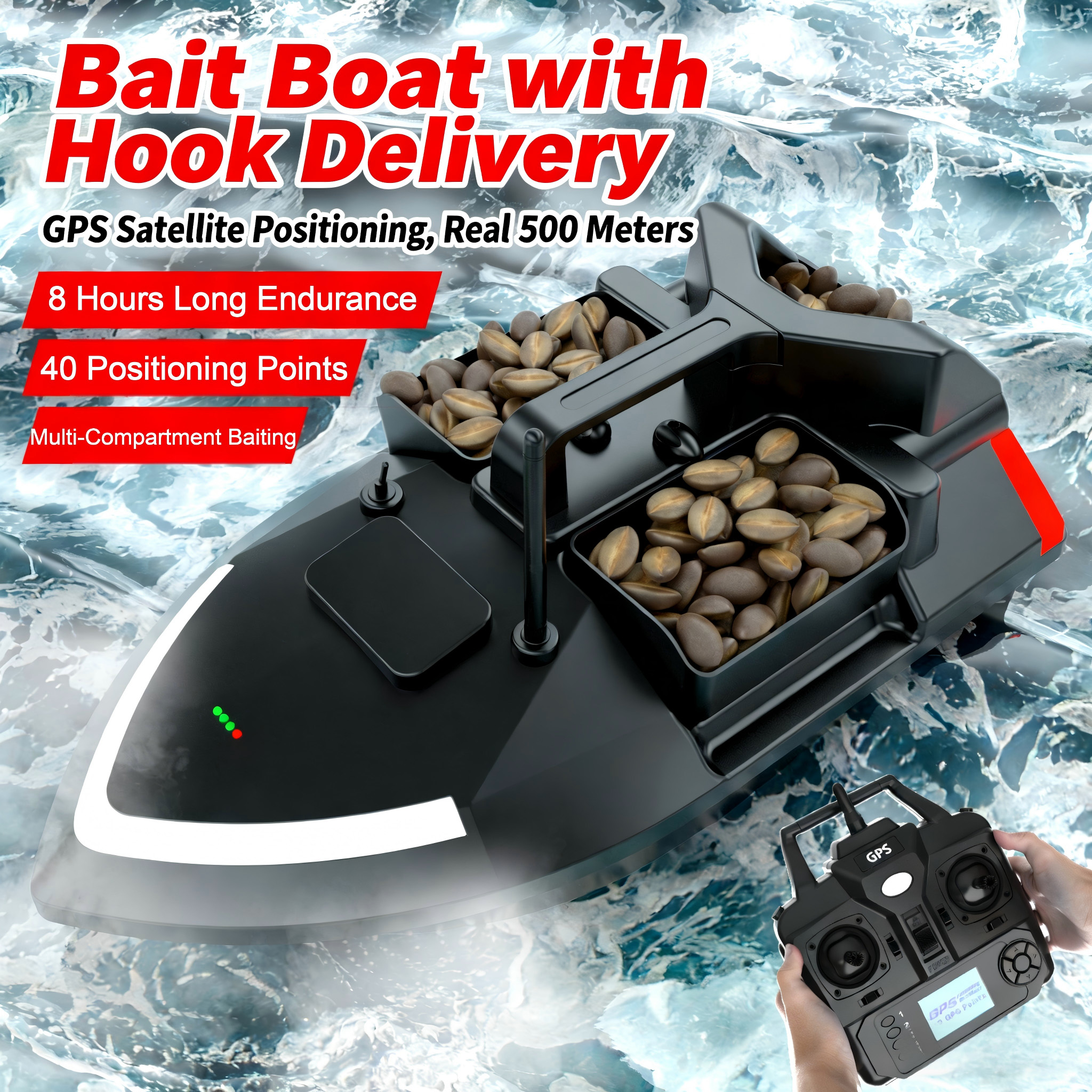 500m GPS Fishing Bait Boat, 40-Point Intelligent Positioning, Multi-Bin, Remote Control, High-Speed Bait & Hook Lure Delivery Boat - 图片 2