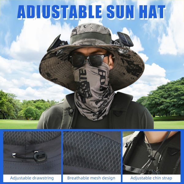 USB Solar Fan Hat for Men Summer Outdoor UV Protection Wide Brim Fishing Bucket Hat Sun Visor Cap