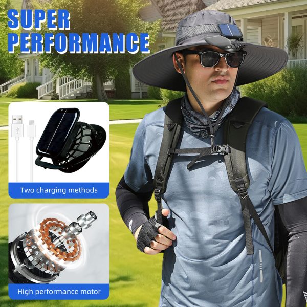 USB Solar Fan Hat for Men Summer Outdoor UV Protection Wide Brim Fishing Bucket Hat Sun Visor Cap